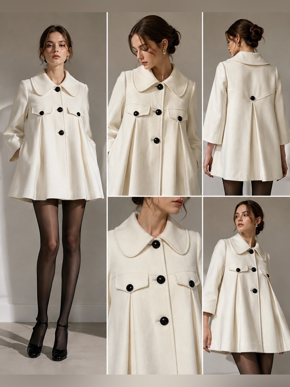 Authentic Chloé Cream Wool Swing Coat Peter Pan Collar Mod Cape Jacket